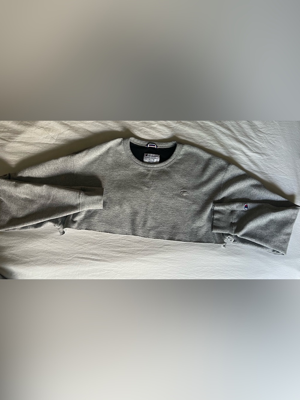Champion Light Gray Crewneck Sweatshirt with Blue & Red Logo Detail